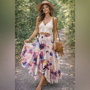 Truly 4 You Maxi Sz S Skirt Handkerchief Hem Flowy Boho Abstract Art Hippie